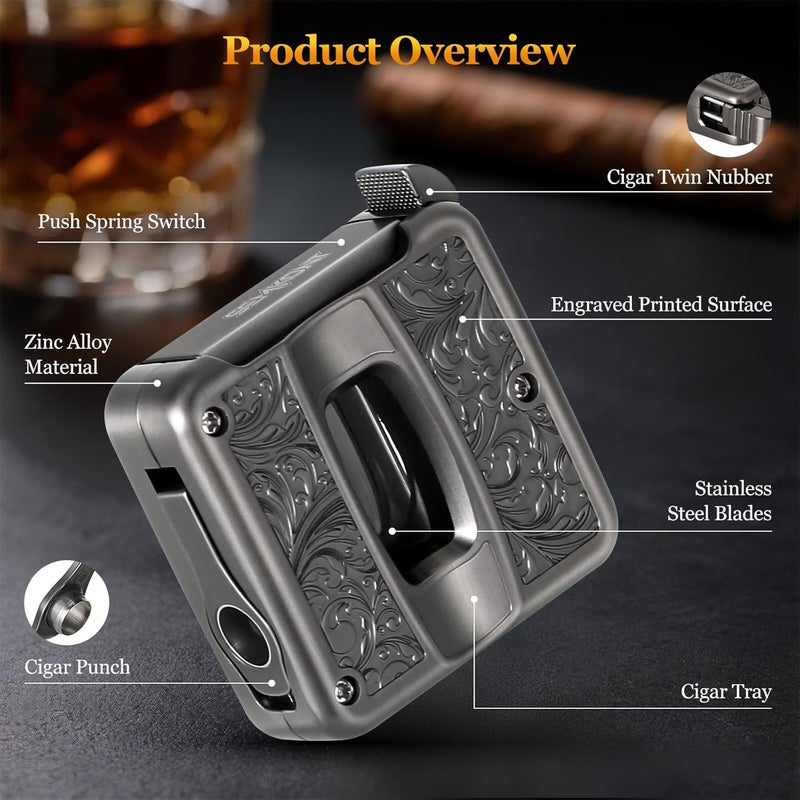 SEMKONT Cigar Cutter,Portable Multifunction V Cut Cigar Cutter, 4 in 1 Stainless Steel Guillotine with Cigar Punch,Cigar Holder and Twin Nubber,Suitable for Max 60 Ring Gauge Cigars (Gray) - Image 2